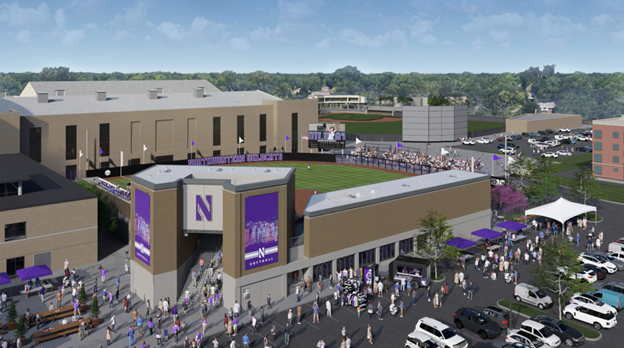 Rendering of the softball stadium showing new wall signs with the Northwestern logo and colors